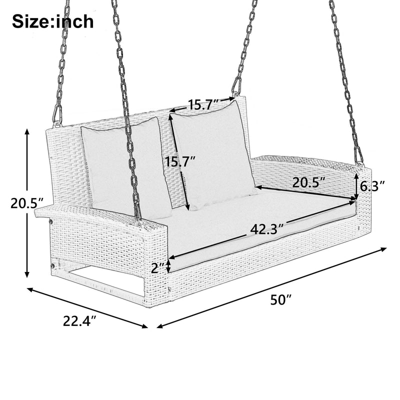 2 Person Wicker Hanging Porch Swing With Chains, Cushion, Pillow, Rattan Swing Bench For Garden, Backyard