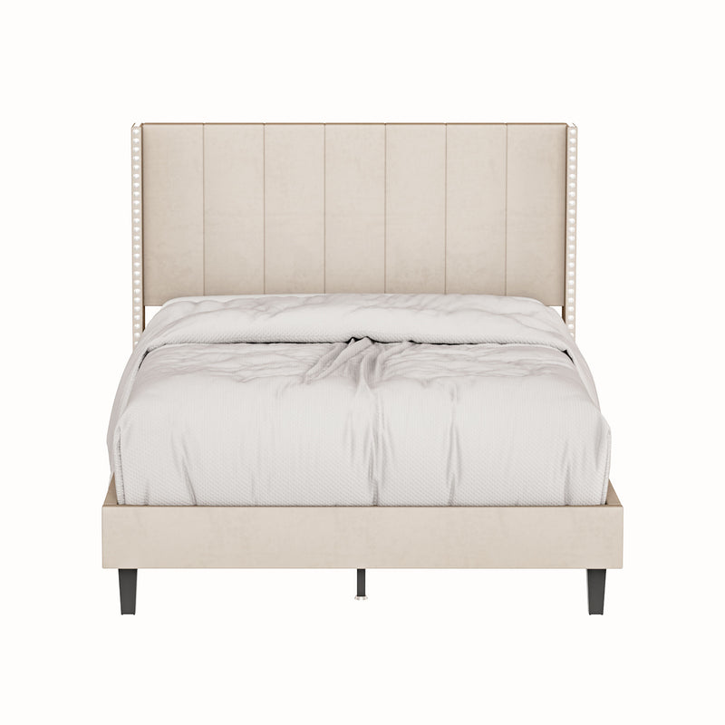 Velvet Upholstered Bed Frame with Vertical Channel Tufted Headboard,Modern Decorative Nailheads, Full size Bed Frame Beige