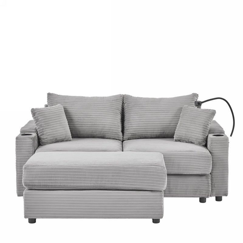 Modern Style Loveseat Sofa Sectional Sofa Couch With Storage Space, A Movable Ottoman, Two USB Ports, Two Cup Holders, A Phone Holder For Living Room