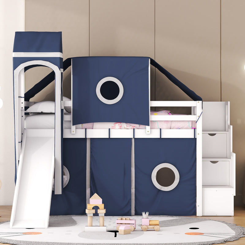 Twin Size Loft Bed with Tent and Tower - Blue