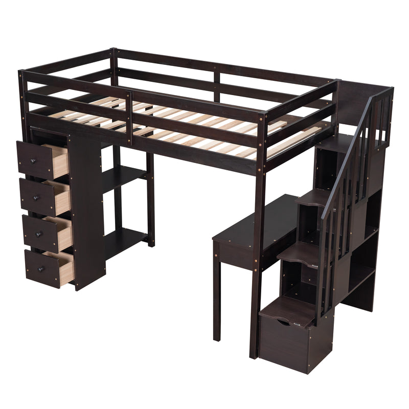 Twin size Loft Bed with Storage Drawers ,Desk and Stairs, Wooden Loft Bed with Shelves - Espresso