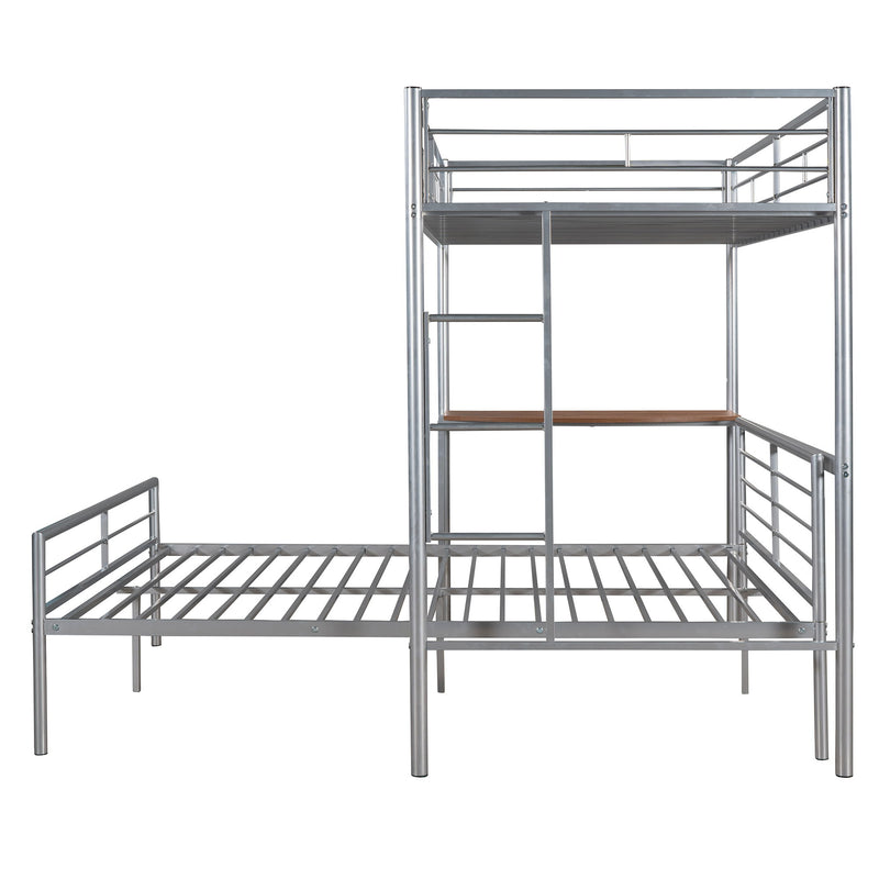 Twin Over Full Metal Bunk Bed With Desk, Ladder And Quality Slats For Bedroom - Silver