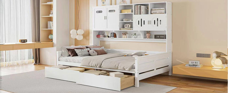 Wooden Daybed With 2 Drawers, And All-In-One Cabinet And Shelf