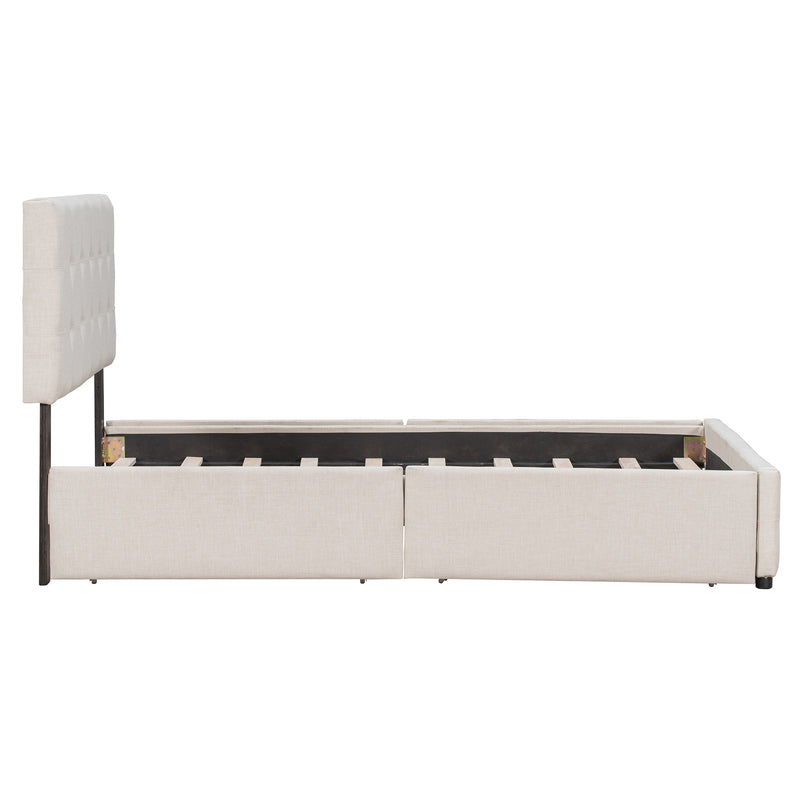 Queen Size Upholstered Platform Bed With Classic Headboard And 4 Drawers, No Box Spring Needed - Beige