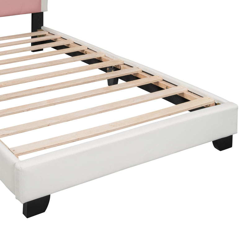 Twin size Upholstered Princess Bed With Crown Headboard,Twin Size Platform Bed with Headboard and Footboard, White+Pink