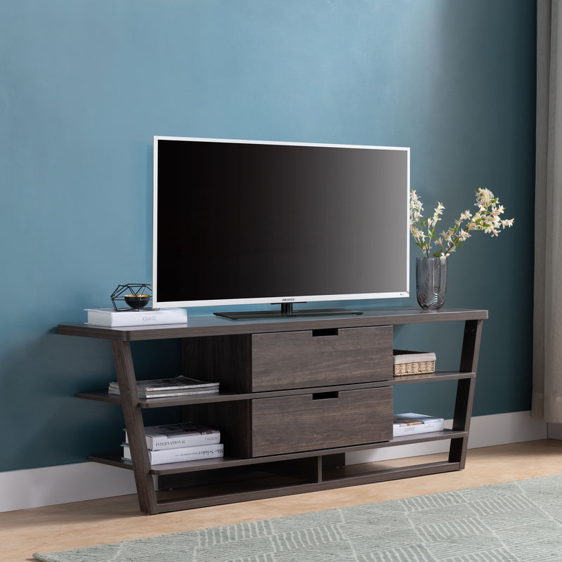 TV Stand With Four Open Shelves And Two Drawers With Cutout Handles - Dark Brown