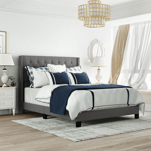 Queen Size Upholstered Platform Bed With Classic Headboard, No Box Spring Needed - Gray