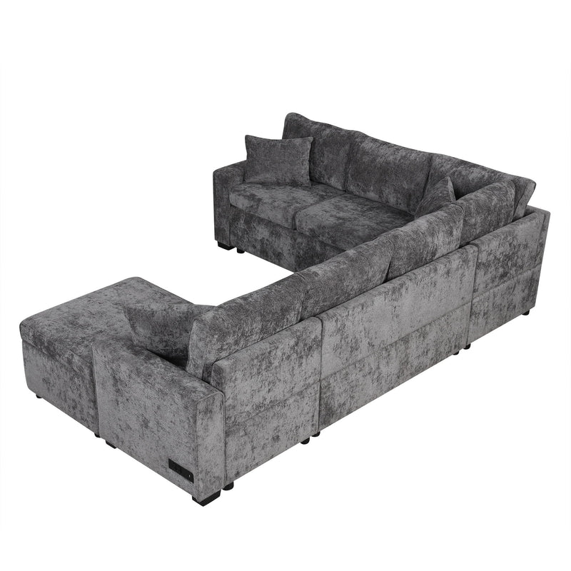 Sectional Sofa Pull-Out Sofa Bed Sleeper With A Storage Ottoman, Three Pillows And Charging Devices For Living Room