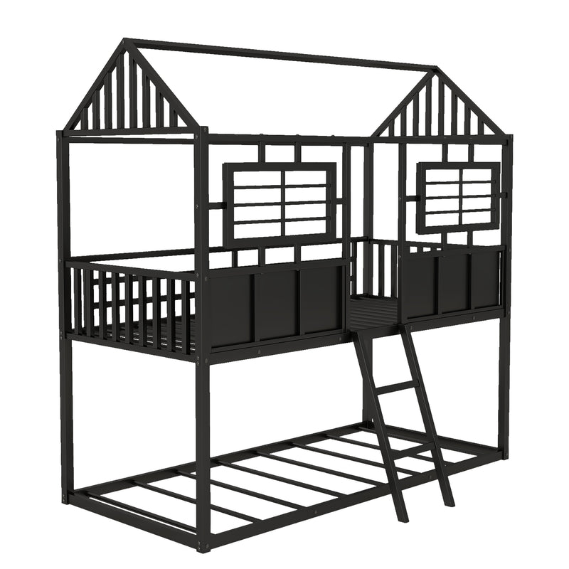 Twin over Twin Size Metal Low Bunk Beds with Roof and Fence-shaped Guardrail, Black