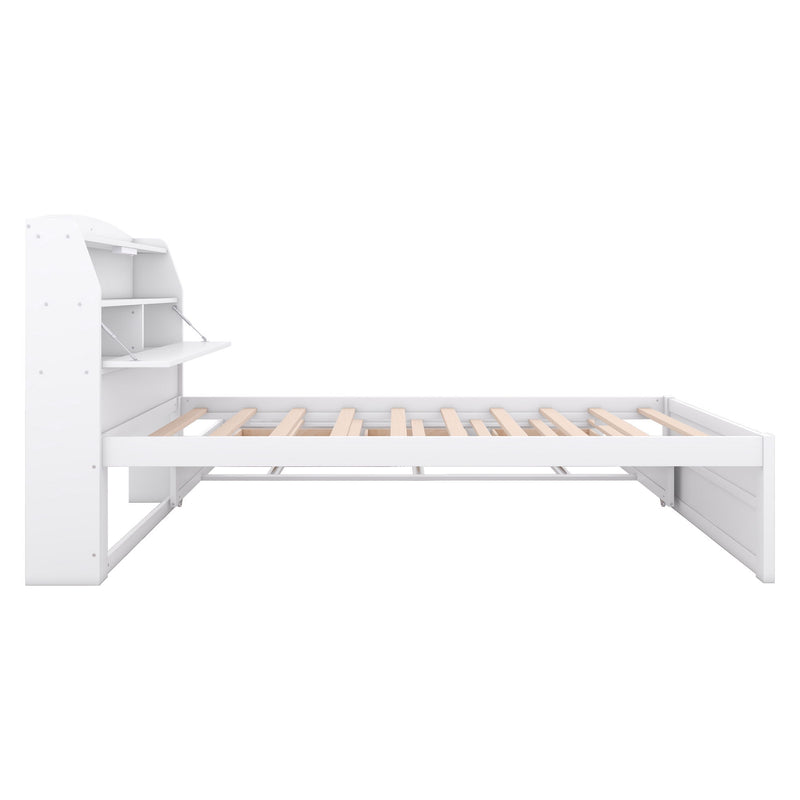 Wooden LED Platform Bed With Trundle, With Storage Headboard, With Drawers