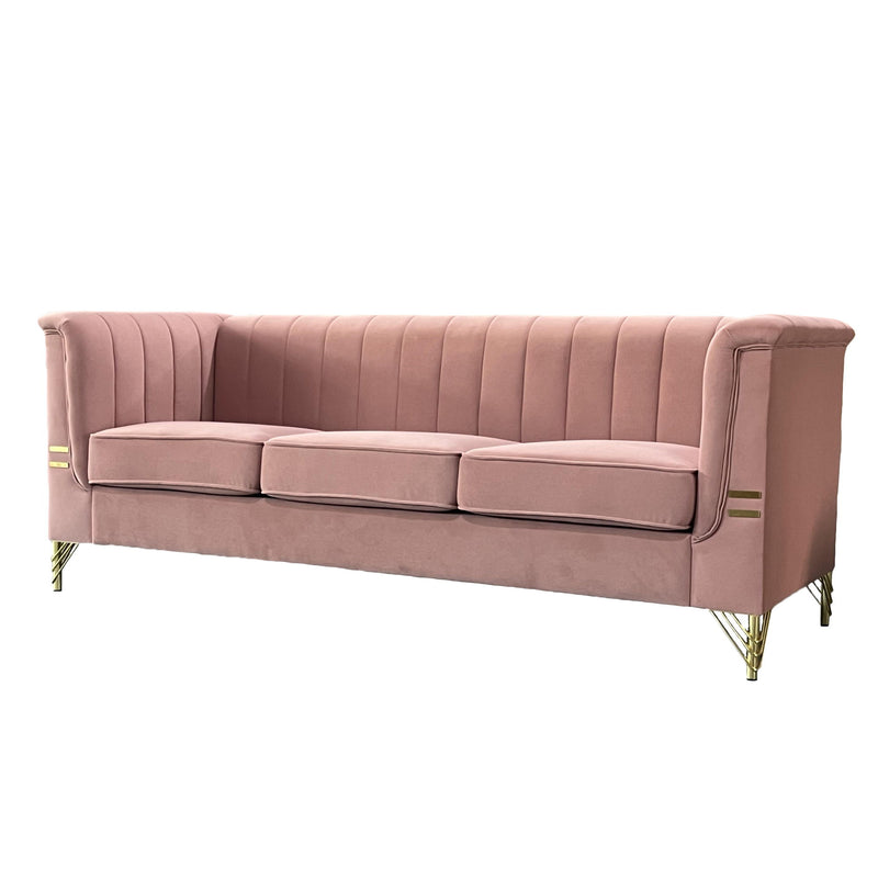 FX-P82-PK(SOFA) Modern Designs Velvet Upholstered Living Room Sofa, 3 Seat Sofa Couch With Golden Metal Legs For Home, Apartment Or Office - Pink