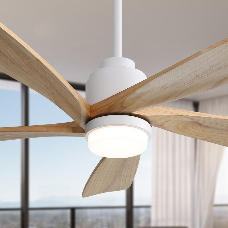 Indoor Ceiling Fan With Dimmable Led Light 5 Solid Wood Blades Remote Control Reversible Dc Motor With Smart App Control - White