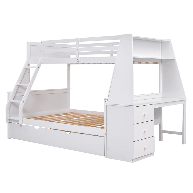 Twin Over Full Bunk Bed With Trundle And Built-In Desk, Three Storage Drawers And Shelf - White
