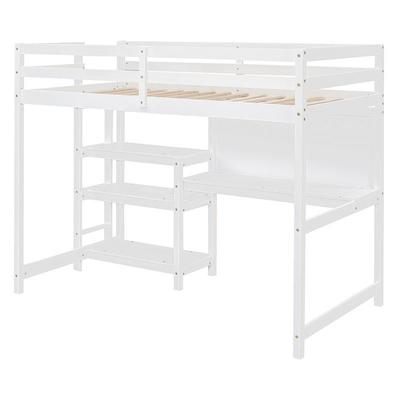 Twin Size Wooden Loft Bed with Shelves, Desk and Writing Board - White