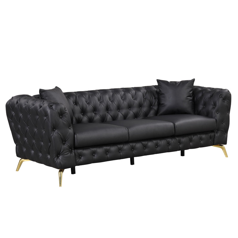 Modern Sofa Couch PU Upholstered Sofa With Sturdy Metal Legs, Button Tufted Back, 3 Seater Sofa Couch For Living Room, Apartment, Home Office - Black