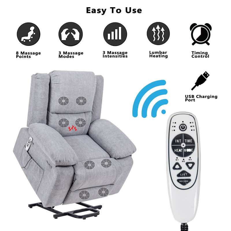 Electric Power Recliner Chair With Massage For Elderly, Remote Control Multi-Function Lifting, Timing, Cushion Heating Chair With Side Pocket