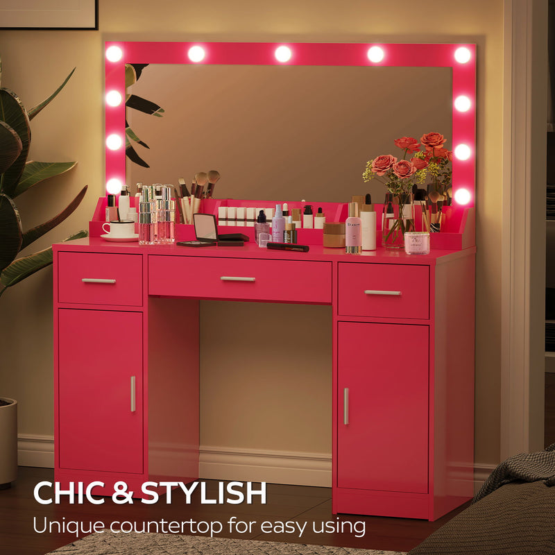 Vanity Desk With Large Mirror, 3 Colour Lighting Modes, Adjustable Brightness, Dresser With 3 Drawers & 2 Vertical Cabinets, Makeup Vanity Table For Women & Girls