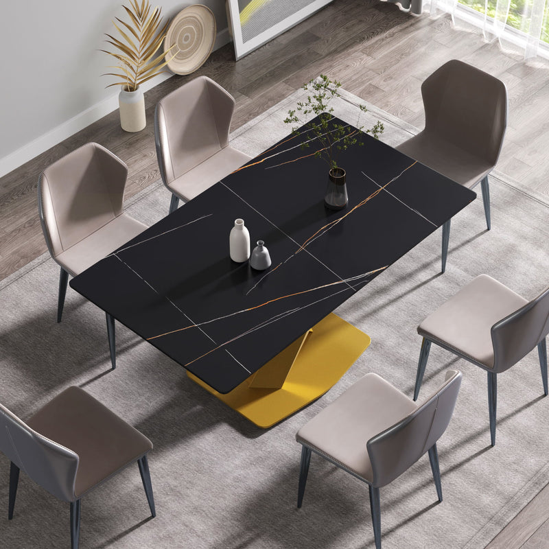 63" Modern Artificial Stone Straight Edge Golden Metal X-Leg Dining Table, 6 People