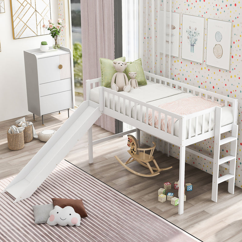 Twin Size Low Loft Bed with Ladder and Slide,White(OLD SKU:WF196418AAK)