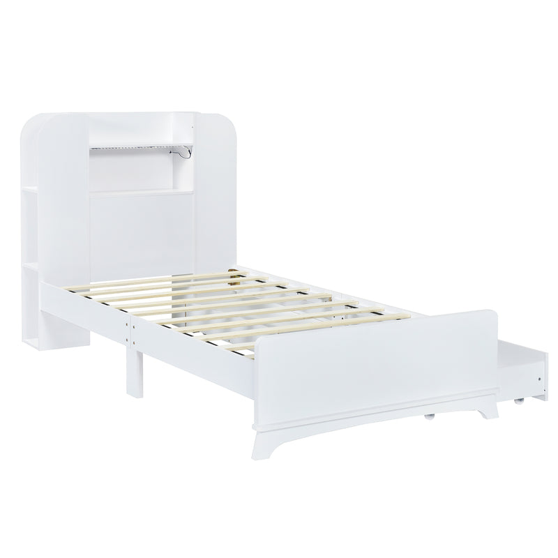 Twin Size Storage Platform Bed Frame with with Two Drawers and Light Strip Design in Headboard,White