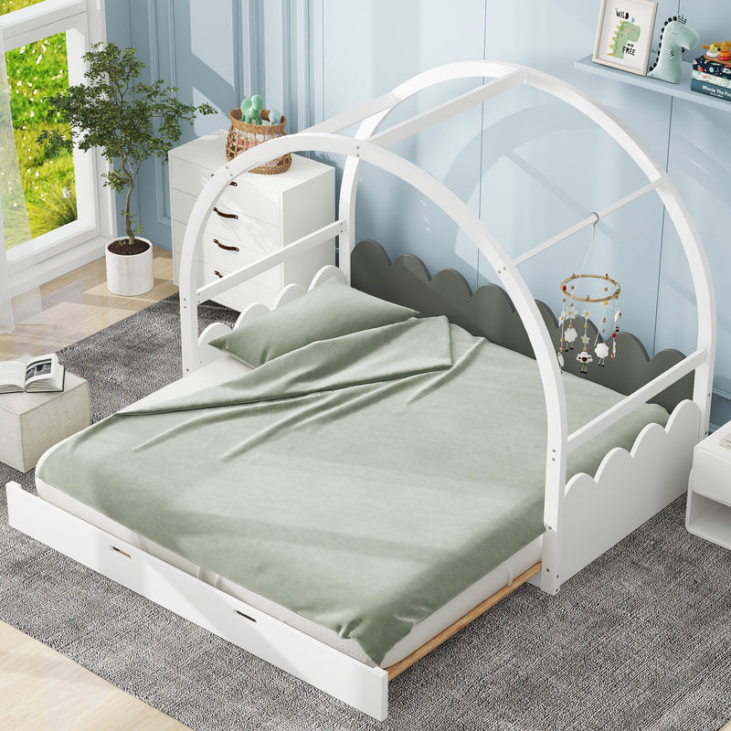 Twin size stretchable vaulted roof bed, children's bed pine wood frame, white+gray