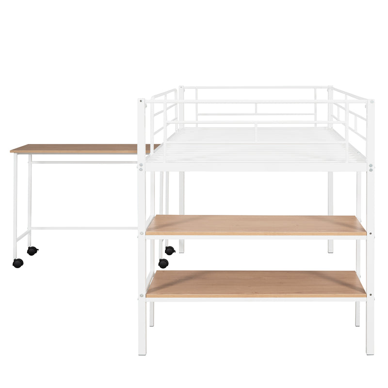 Twin Size Metal Loft Bed with Desk and Shelves,White