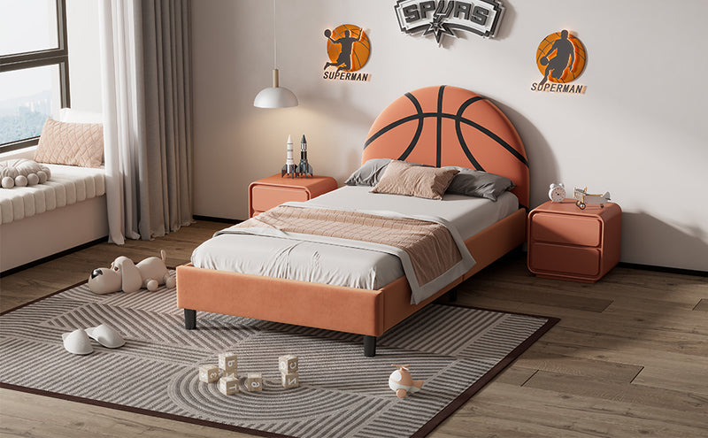 Basketball Design Upholstered Twin Platform Bed Sport Style Bed for Boys & Girls, Teens, Orange