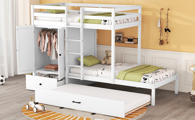 Twin-over-twin Bunk Bed with Wardrobe, Drawers and Shelves, White