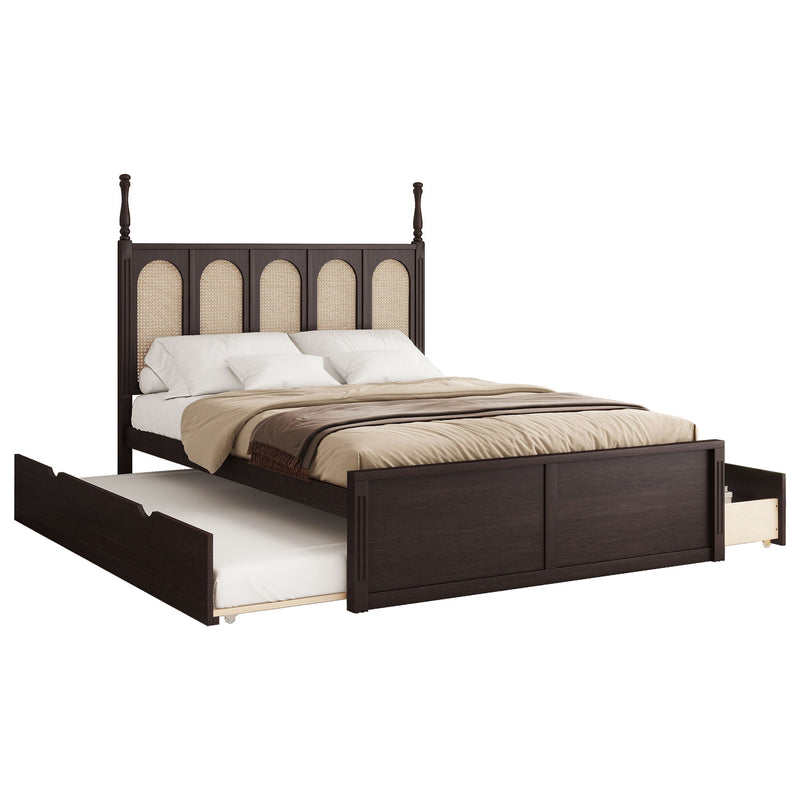 Rattan Platform Bed With With 2 Big Drawers With Trundle