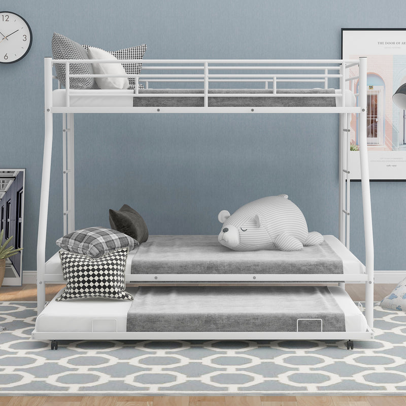 Twin over Full Bed with Sturdy Steel Frame, Bunk Bed with Twin Size Trundle, Two-Side Ladders, White(OLD SKU:MF194424AAK)