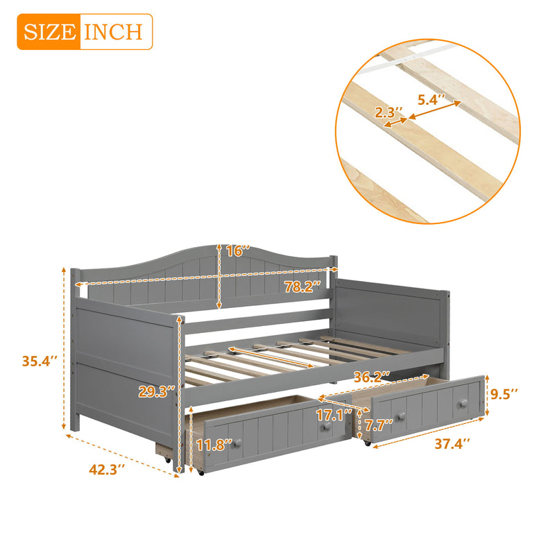 Twin Wooden Daybed With 2 Drawers, Sofa Bed For Bedroom Living Room, No Box Spring Needed - Gray