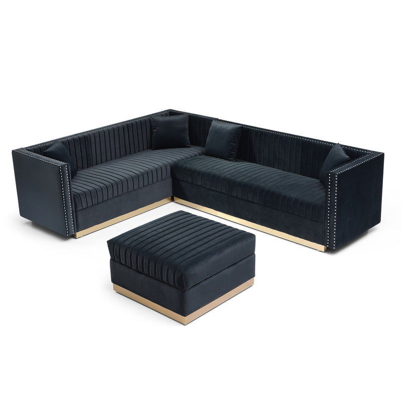 Contemporary Vertical Channel Tufted Velvet Sectional Sofa For Living Room Apartment With Ottoman And 4 Pillows