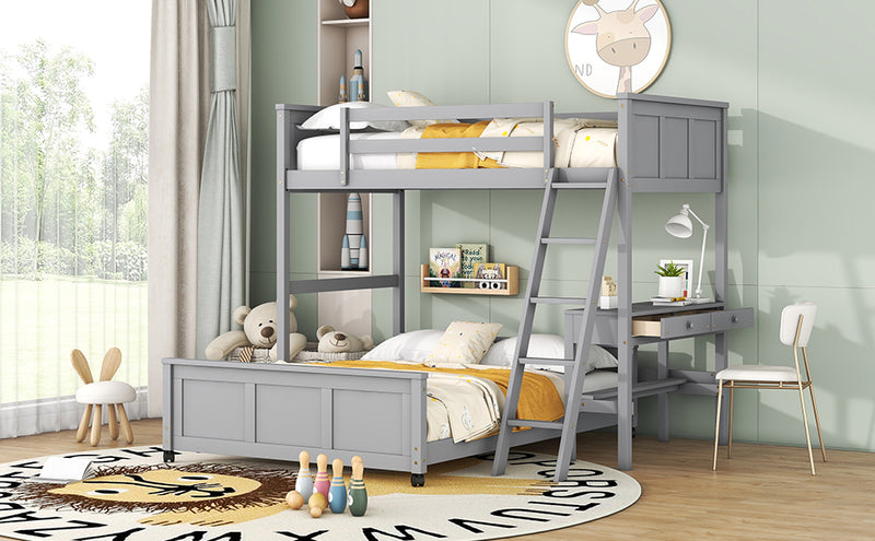 Twin Over Full Bunk Bed with Desk, Gray