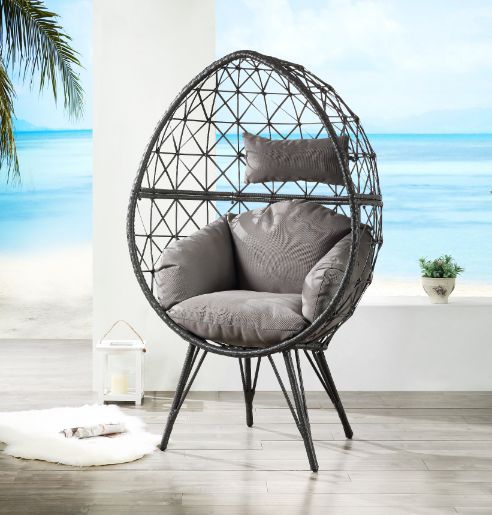 Aeven - Patio Lounge Chair - Light Gray Fabric & Black Wicker