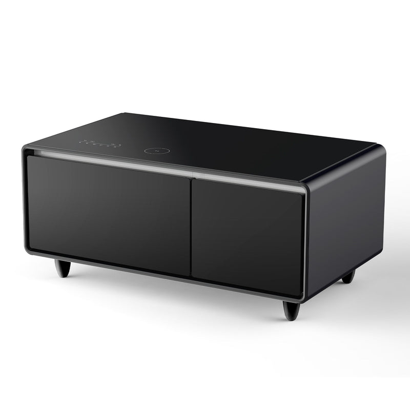 Modern Smart Coffee Table With Built-In Fridge - Bluetooth Speaker, Wireless Charging, Touch Control Panel, USB Interface, Outlet Protection, Atmosphere Light - Black