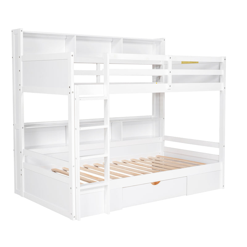 Twin Size Bunk Bed with Built-in Shelves Beside both Upper and Down Bed and Storage Drawer,White