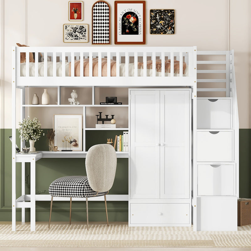 Twin size Loft Bed with Bookshelf,Drawers,Desk,and Wardrobe-White