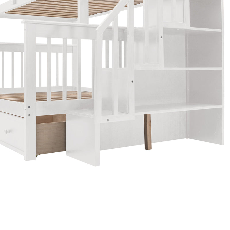 Twin Over Full Stairway Bunk Bed With Drawer, Storage And Guard Rail For Bedroom, Dorm, For Adults