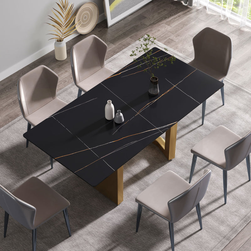 70.87" Modern Artificial Stone Black Straight Edge Golden Metal Leg Dining Table, Can Accommodate 6-8 People - Black / Gold