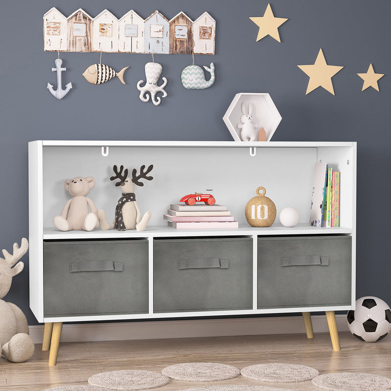 Kids Bookcase With Collapsible Fabric Drawers - White / Gray