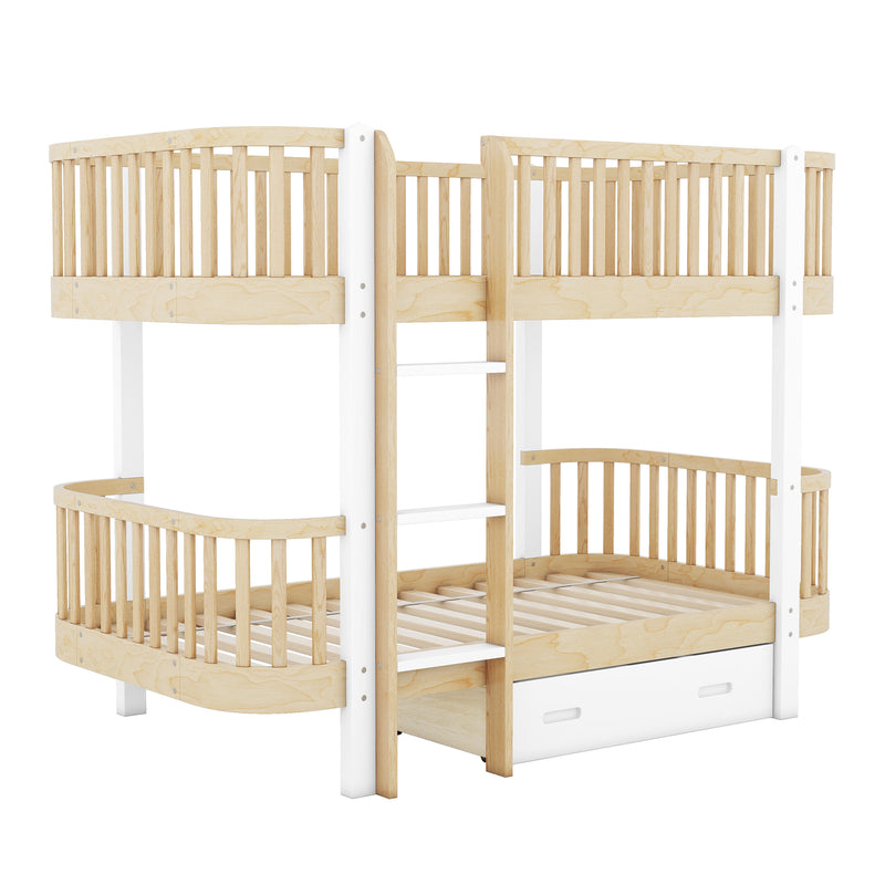 Wood Twin over Twin Bunk Bed with Fence Guardrail and a Big Drawer, Natural White