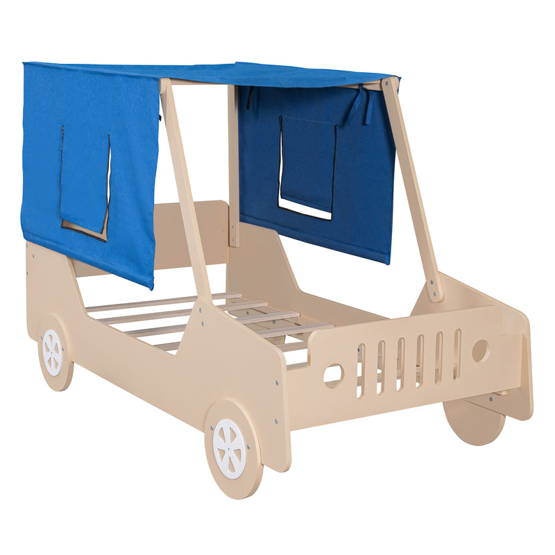 Twin Size Car Shaped Bed with Tents,Natural