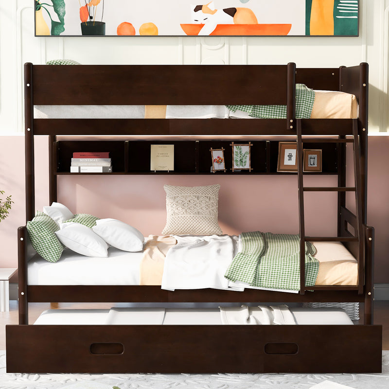 Wood Twin over Full Bunk Bed with Storage Shelves and Twin Size Trundle, Espresso