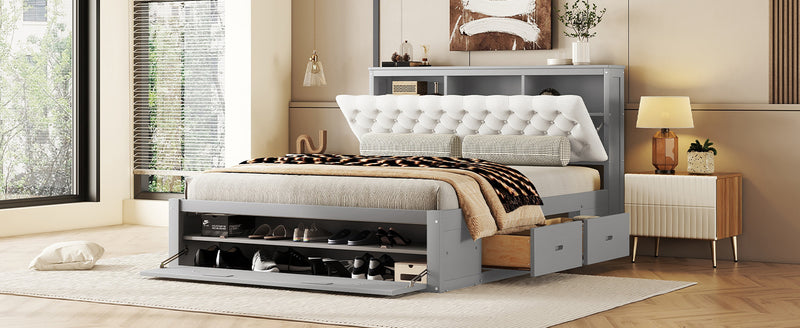 Wood Queen Size Platform Bed with Storage Headboard, shoe rack and 4 drawers,Gray