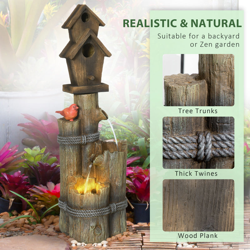 Outsunny - Outdoor Fountain With Birdhouse, Cascading Garden Waterfall Bird Bath With 3 Tier Rustic Tree Trunk / Log Design, LED Lights For Porch, Deck, Yard Decor - Brown