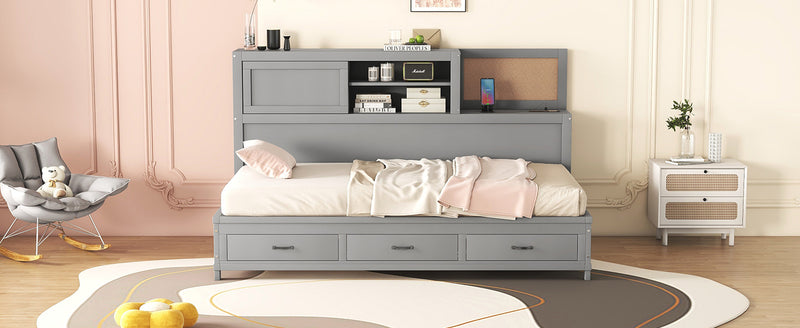 Twin Size Wooden Daybed with 3 Storage Drawers, Upper Soft Board, shelf, and a set of Sockets and USB Ports, Gray