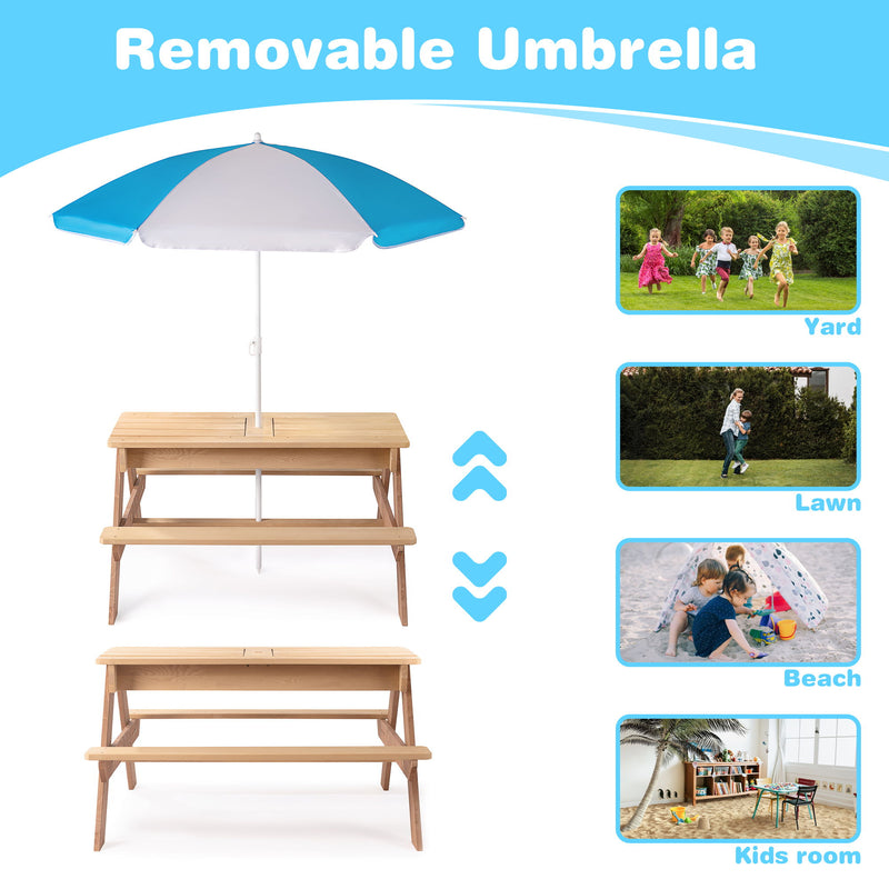 3-In-1 Kids Outdoor Wooden Picnic Table With Umbrella, Convertible Sand & Water, ASTM & CPSIA Certification