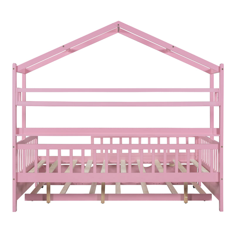 Wooden Full Size House Bed with Twin Size Trundle,Kids Bed with Shelf, Pink