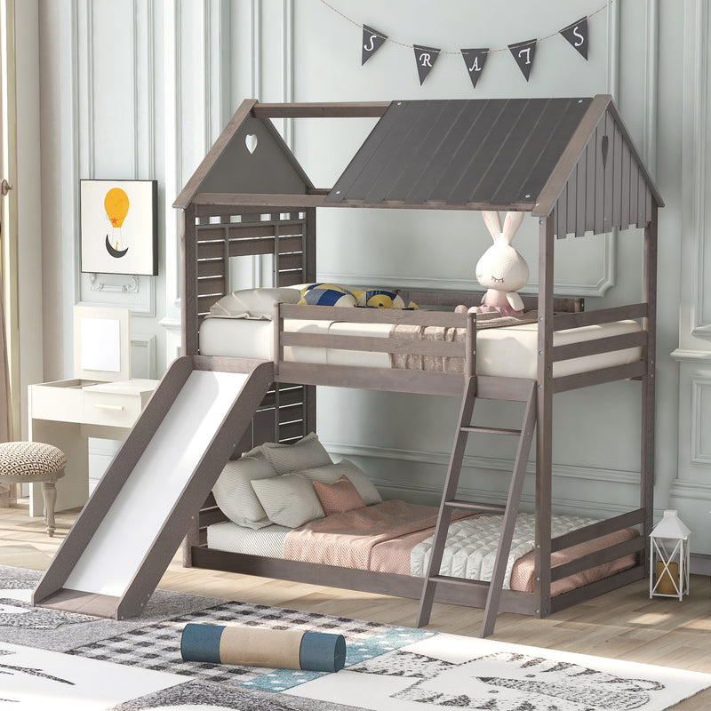 Twin Over Twin Bunk Bed Wood Bed with Roof, Window, Slide, Ladder ,Antique Gray(OLD SKU:LP000059AAE)