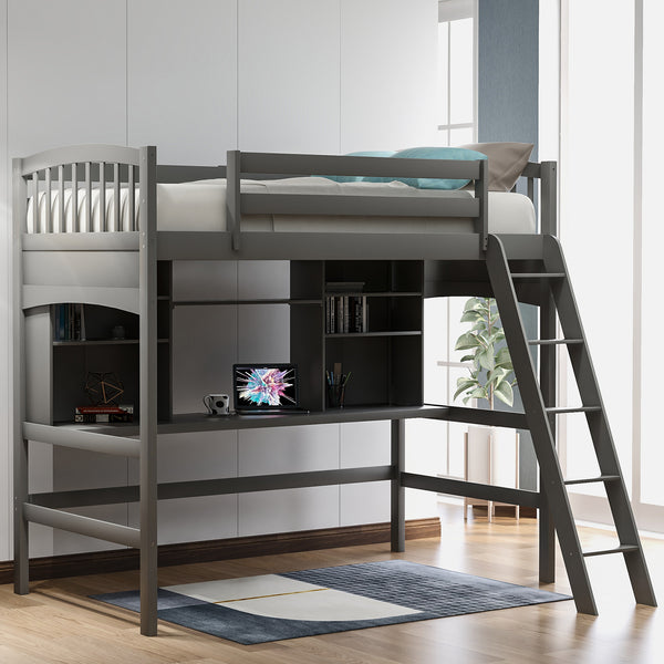 Twin size Loft Bed with Storage Shelves, Desk and Ladder, Gray(OLD SKU :LP000140EAA)